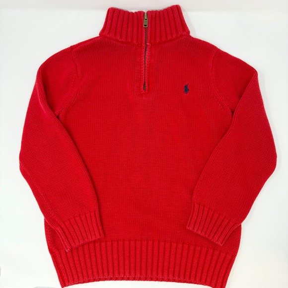 Polo Ralph Lauren Kids Red Cotton 1/4 Zip Sweater Size 7 Navy Pony Logo - Picture 2 of 6